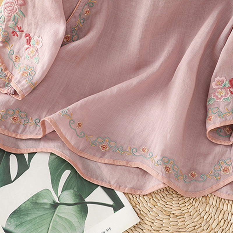 Camicia casual in cotone e lino con maniche a tre quarti e colletto alto con fiori ricamati da donna Buddha Stones - image 7