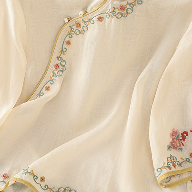 Camicia casual in cotone e lino con maniche a tre quarti e colletto alto con fiori ricamati da donna Buddha Stones - image 1