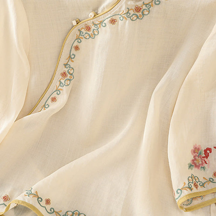 Camicia casual in cotone e lino con maniche a tre quarti e colletto alto con fiori ricamati da donna Buddha Stones - image 1
