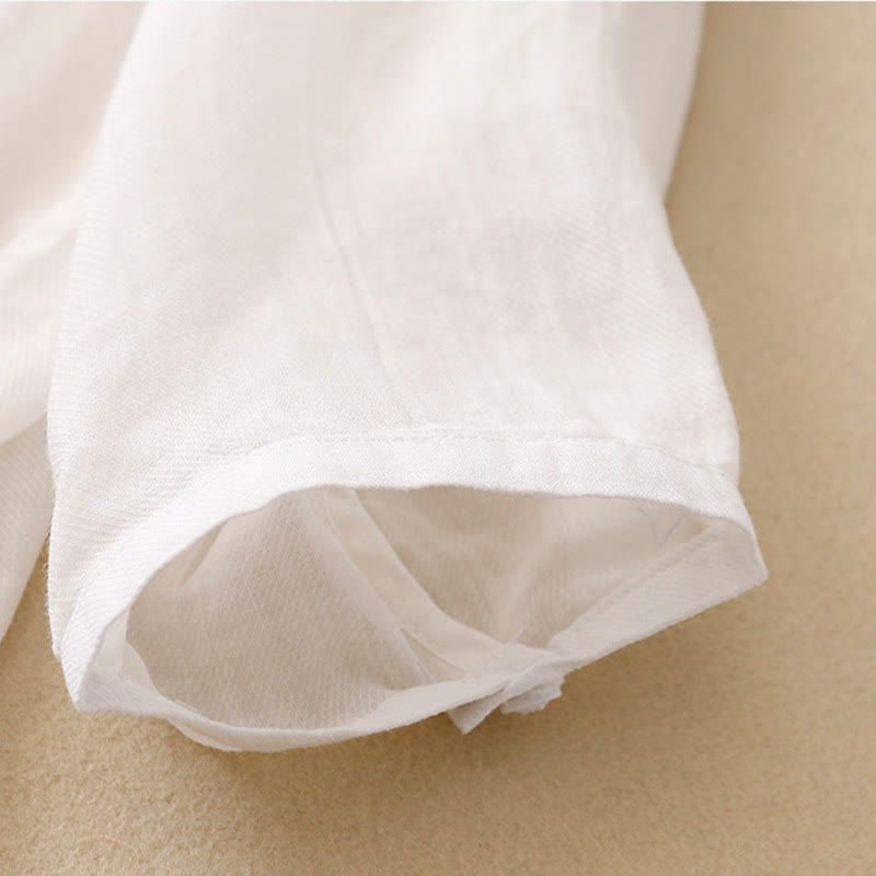 Camicia da donna in cotone e lino con maniche a tre quarti, motivo : Buddha Stones, casual, con colletto alto e ricamo a pianta