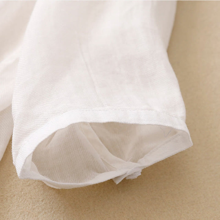 Camicia da donna in cotone e lino con maniche a tre quarti, motivo : Buddha Stones, casual, con colletto alto e ricamo a pianta