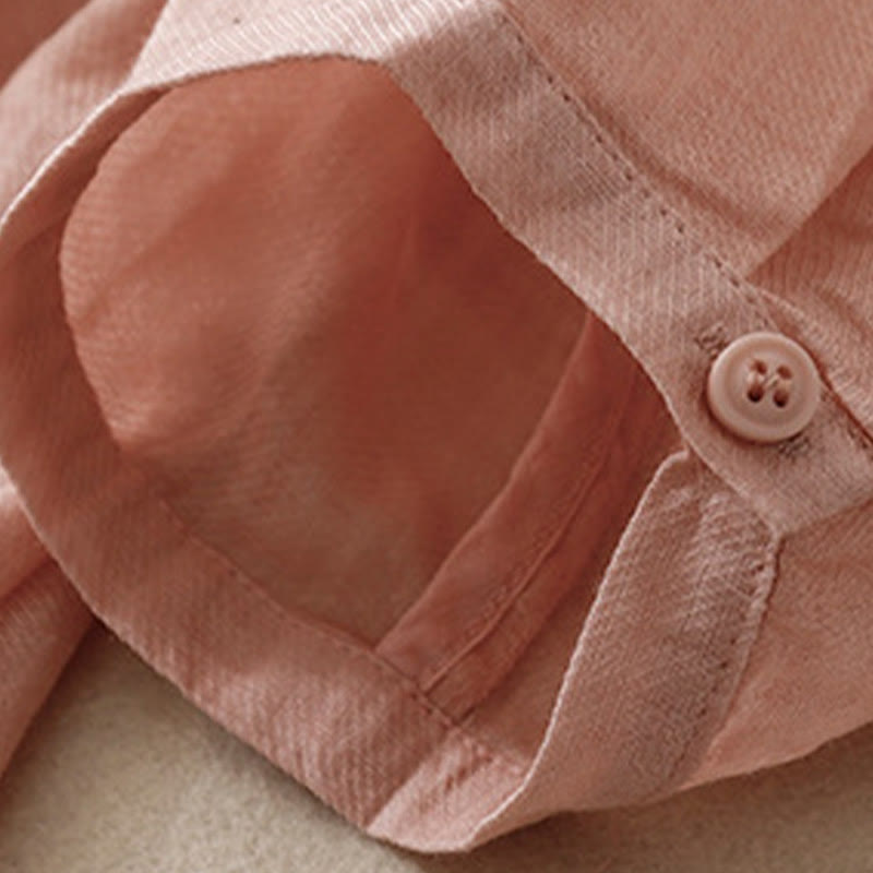 Camicia da donna in cotone e lino con maniche a tre quarti, motivo : Buddha Stones, casual, con colletto alto e ricamo a pianta