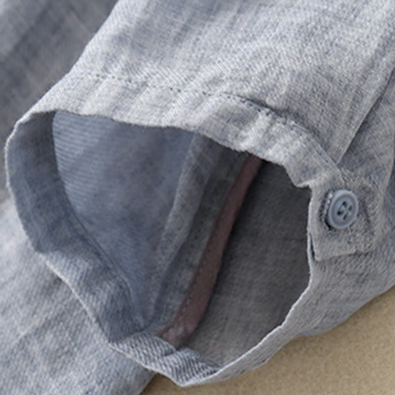 Camicia da donna in cotone e lino con maniche a tre quarti, motivo : Buddha Stones, casual, con colletto alto e ricamo a pianta