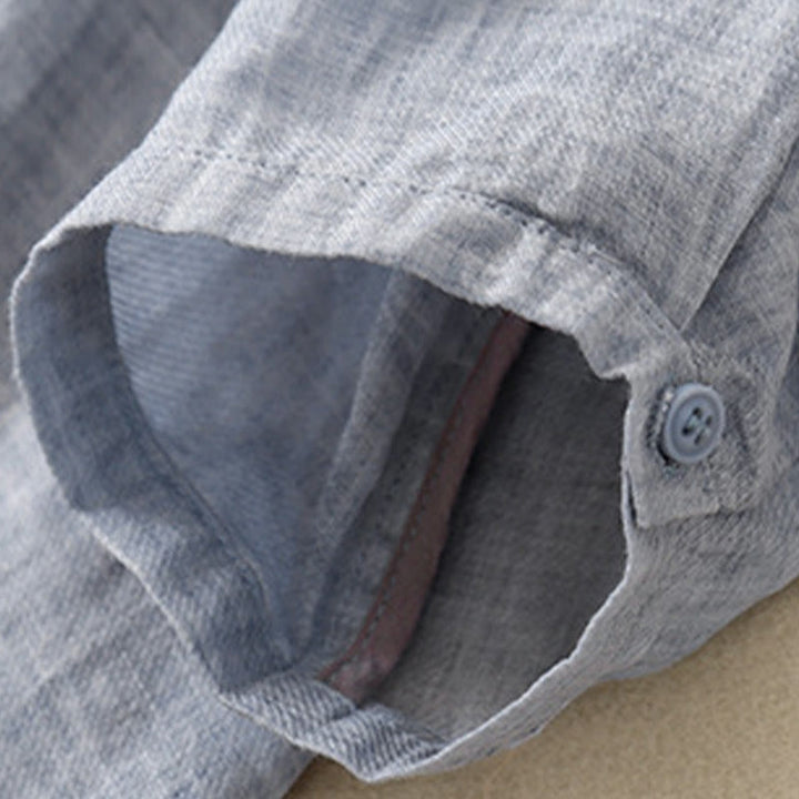 Camicia da donna in cotone e lino con maniche a tre quarti, motivo : Buddha Stones, casual, con colletto alto e ricamo a pianta