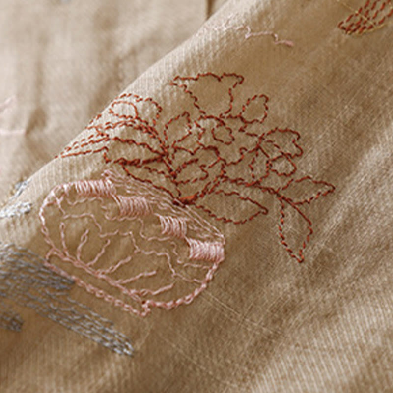 Camicia da donna in cotone e lino con maniche a tre quarti, motivo : Buddha Stones, casual, con colletto alto e ricamo a pianta