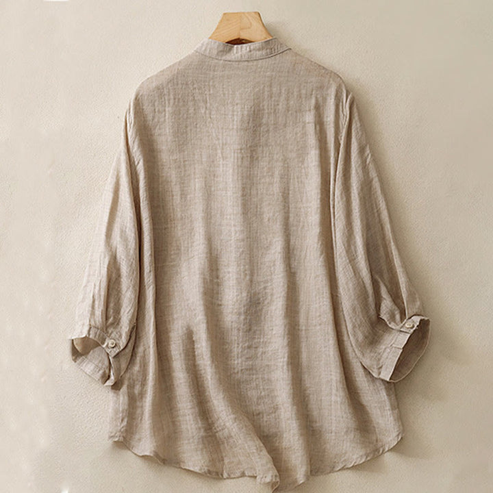 Camicia da donna in cotone e lino con maniche a tre quarti, motivo : Buddha Stones, casual, con colletto alto e ricamo a pianta