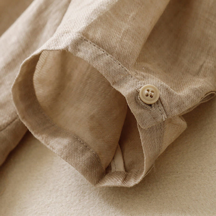 Camicia da donna in cotone e lino con maniche a tre quarti, motivo : Buddha Stones, casual, con colletto alto e ricamo a pianta