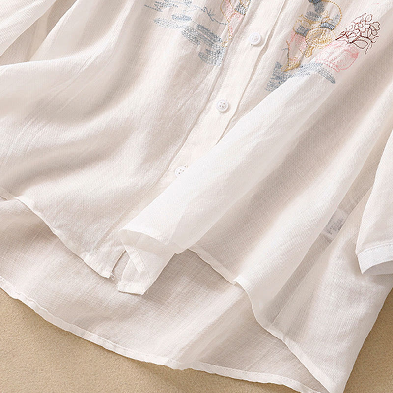 Camicia da donna in cotone e lino con maniche a tre quarti, motivo : Buddha Stones, casual, con colletto alto e ricamo a pianta