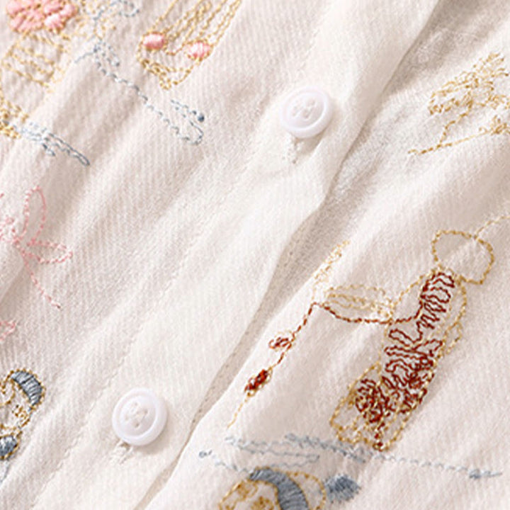 Camicia da donna in cotone e lino con maniche a tre quarti, motivo : Buddha Stones, casual, con colletto alto e ricamo a pianta