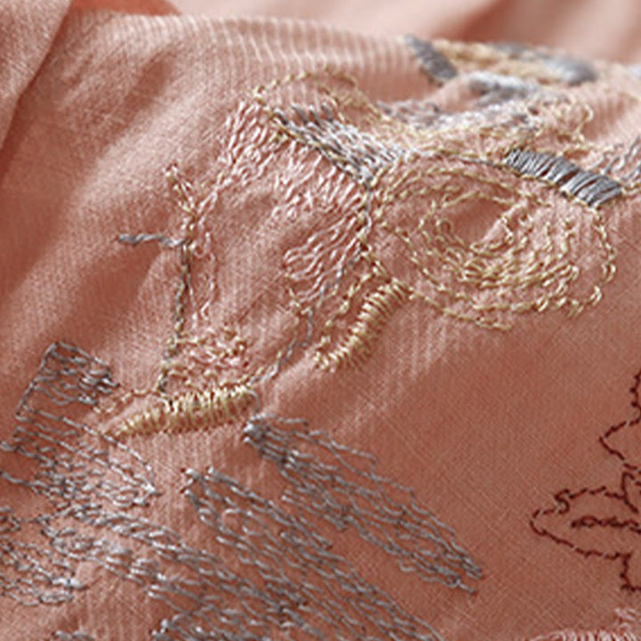 Camicia da donna in cotone e lino con maniche a tre quarti, motivo : Buddha Stones, casual, con colletto alto e ricamo a pianta