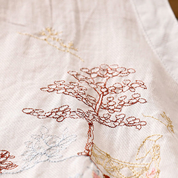 Camicia da donna in cotone e lino con maniche a tre quarti, motivo : Buddha Stones, casual, con colletto alto e ricamo a pianta