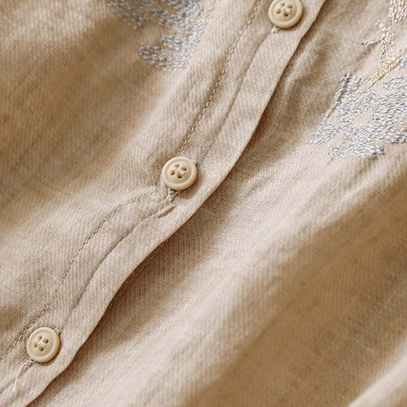 Camicia da donna in cotone e lino con maniche a tre quarti, motivo : Buddha Stones, casual, con colletto alto e ricamo a pianta