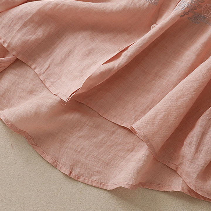 Camicia da donna in cotone e lino con maniche a tre quarti, motivo : Buddha Stones, casual, con colletto alto e ricamo a pianta