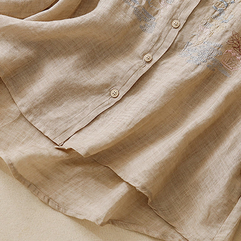 Camicia da donna in cotone e lino con maniche a tre quarti, motivo : Buddha Stones, casual, con colletto alto e ricamo a pianta