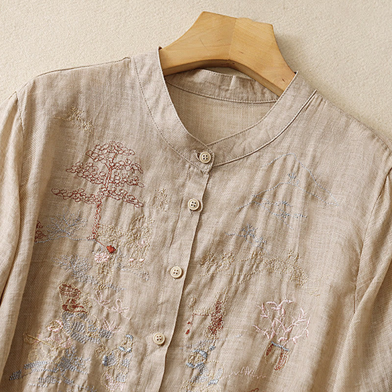 Camicia da donna in cotone e lino con maniche a tre quarti, motivo : Buddha Stones, casual, con colletto alto e ricamo a pianta