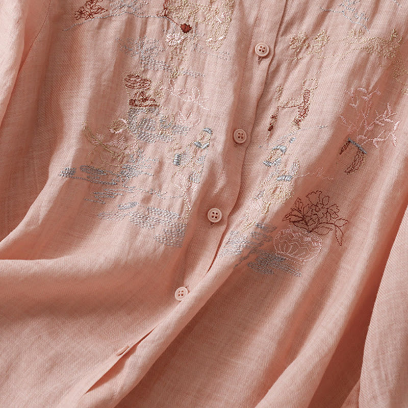 Camicia da donna in cotone e lino con maniche a tre quarti, motivo : Buddha Stones, casual, con colletto alto e ricamo a pianta
