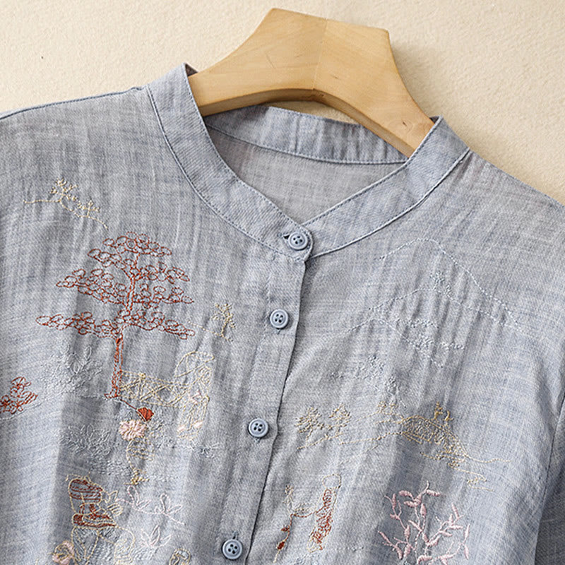 Camicia da donna in cotone e lino con maniche a tre quarti, motivo : Buddha Stones, casual, con colletto alto e ricamo a pianta