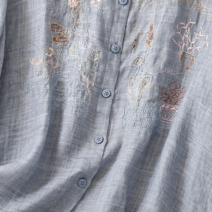 Camicia da donna in cotone e lino con maniche a tre quarti, motivo : Buddha Stones, casual, con colletto alto e ricamo a pianta