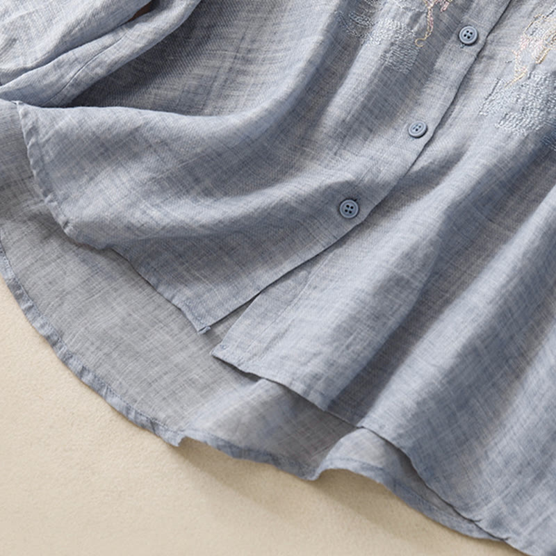 Camicia da donna in cotone e lino con maniche a tre quarti, motivo : Buddha Stones, casual, con colletto alto e ricamo a pianta