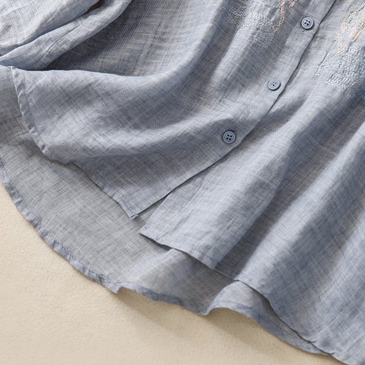 Camicia da donna in cotone e lino con maniche a tre quarti, motivo : Buddha Stones, casual, con colletto alto e ricamo a pianta