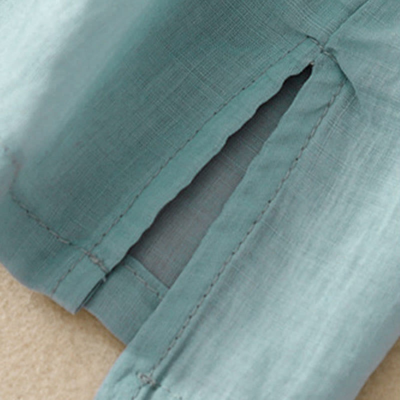 Camicia casual da donna in cotone e lino con scollo a V e fiori ricamati, manica corta, modello Buddha Stones - image 27