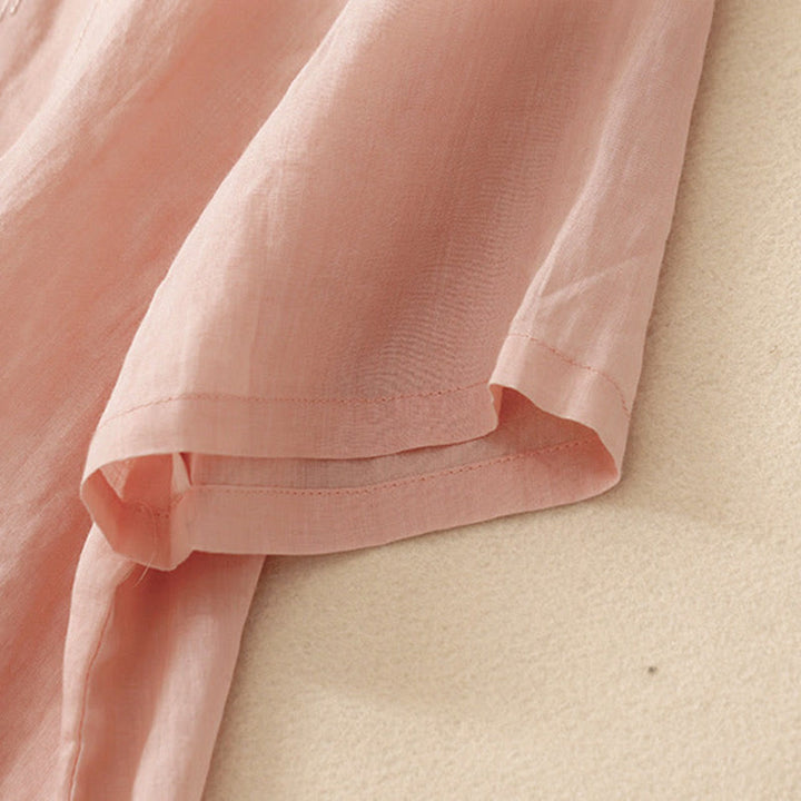 Camicia casual da donna in cotone e lino con scollo a V e fiori ricamati, manica corta, modello Buddha Stones - image 4