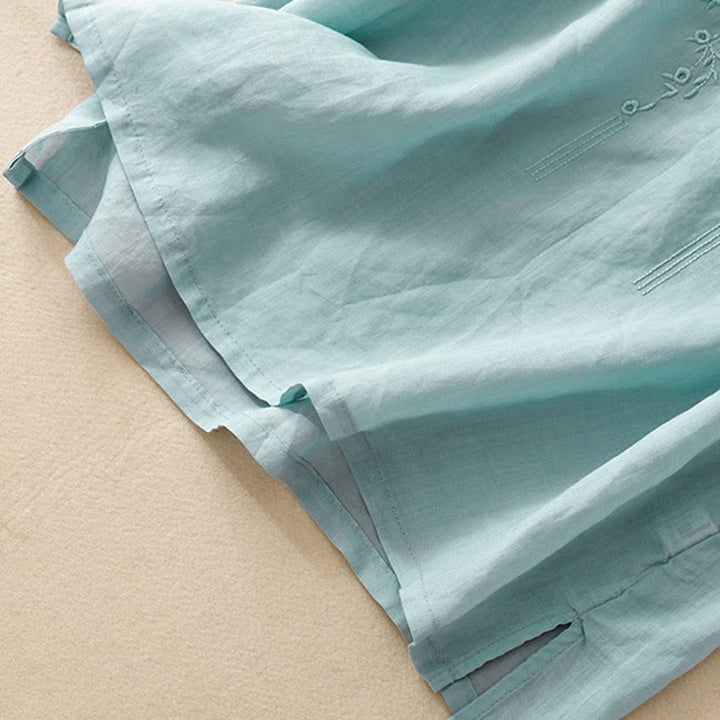 Camicia casual da donna in cotone e lino con scollo a V e fiori ricamati, manica corta, modello Buddha Stones - image 26