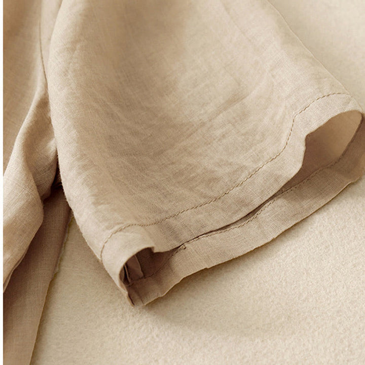 Camicia casual da donna in cotone e lino con scollo a V e fiori ricamati, manica corta, modello Buddha Stones - image 16