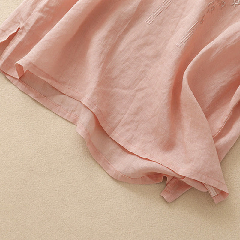 Camicia casual da donna in cotone e lino con scollo a V e fiori ricamati, manica corta, modello Buddha Stones