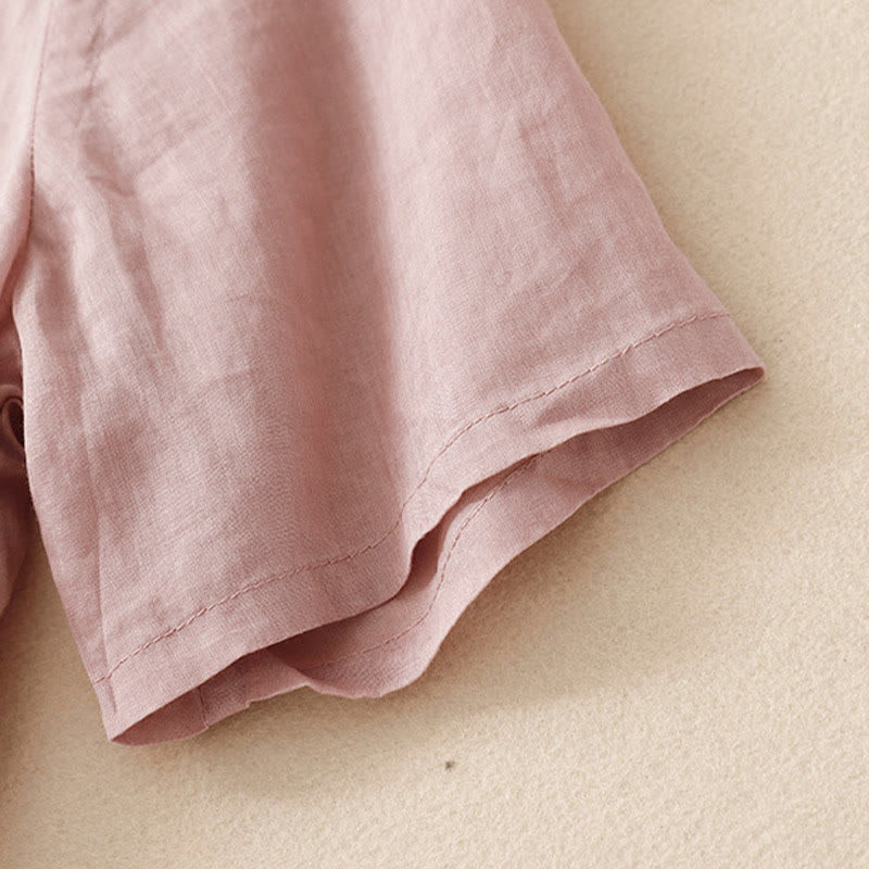 Camicia casual da donna in cotone e lino con scollo a V e fiori ricamati, manica corta, modello Buddha Stones