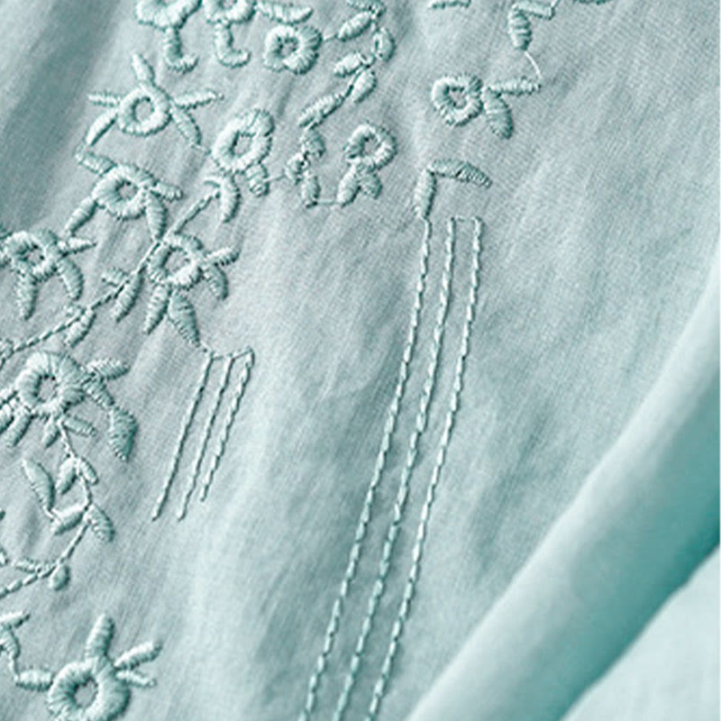 Camicia casual da donna in cotone e lino con scollo a V e fiori ricamati, manica corta, modello Buddha Stones - image 24