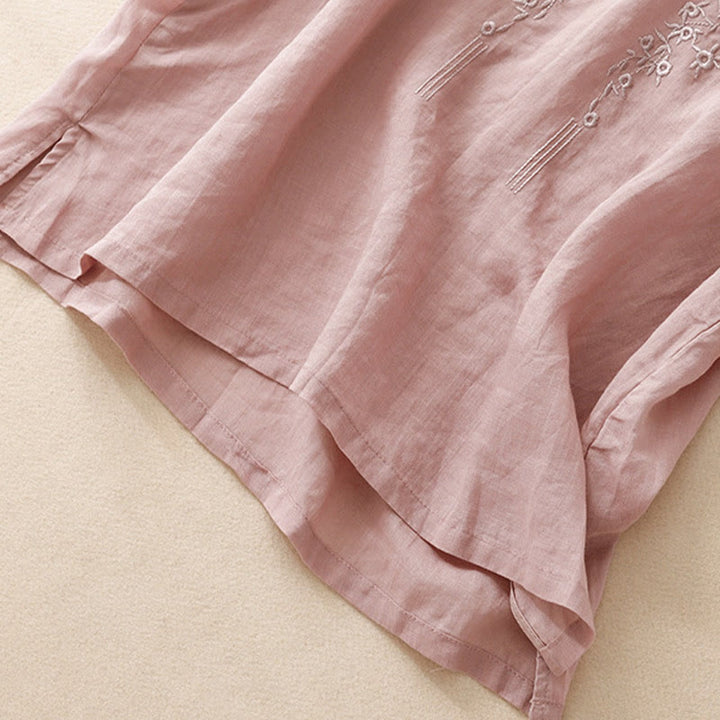 Camicia casual da donna in cotone e lino con scollo a V e fiori ricamati, manica corta, modello Buddha Stones