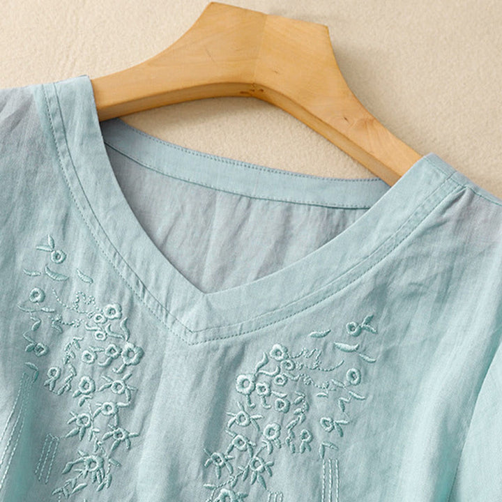 Camicia casual da donna in cotone e lino con scollo a V e fiori ricamati, manica corta, modello Buddha Stones