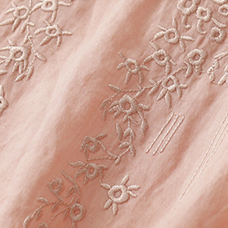 Camicia casual da donna in cotone e lino con scollo a V e fiori ricamati, manica corta, modello Buddha Stones - image 2