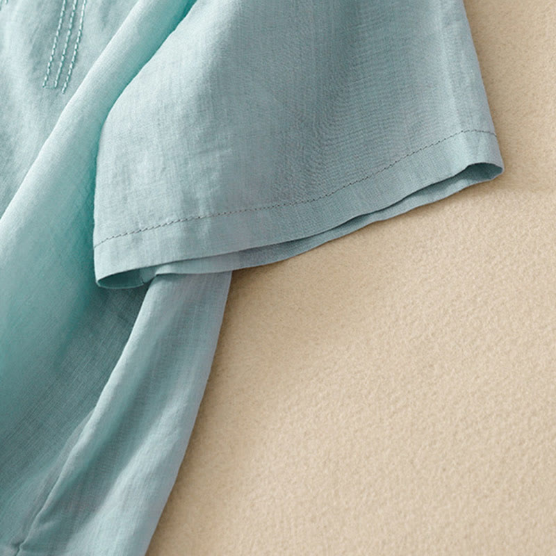 Camicia casual da donna in cotone e lino con scollo a V e fiori ricamati, manica corta, modello Buddha Stones - image 25