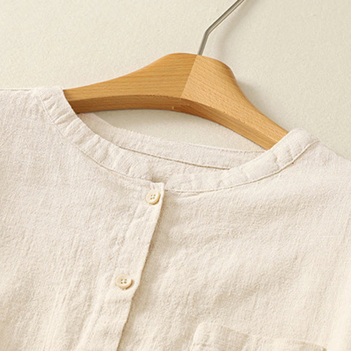 Camicia casual da donna in cotone e lino con colletto alto e maniche lunghe, modello Buddha Stones - image 6