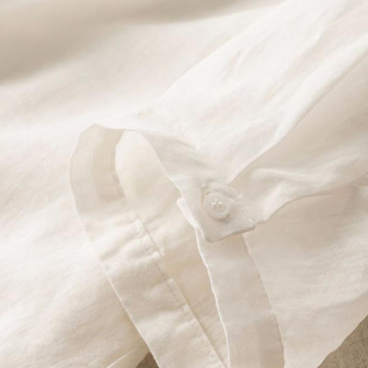 Camicia in cotone e lino con colletto rialzato e maniche corte, casual, da donna, con ricamo Buddha Stones - image 8