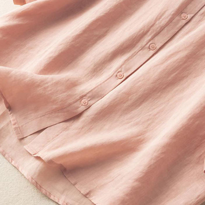 Camicia in cotone e lino con colletto rialzato e maniche corte, casual, da donna, con ricamo Buddha Stones - image 18