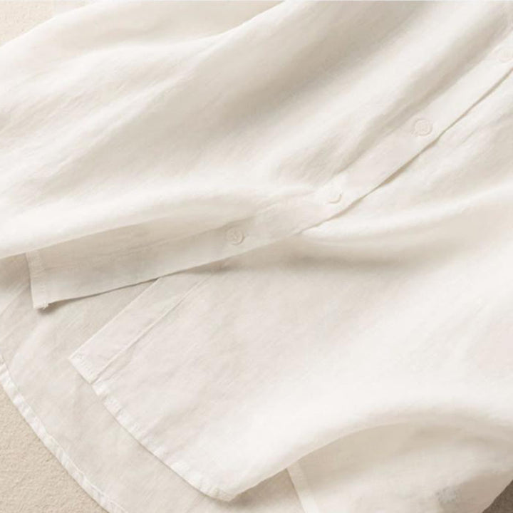 Camicia in cotone e lino con colletto rialzato e maniche corte, casual, da donna, con ricamo Buddha Stones - image 9