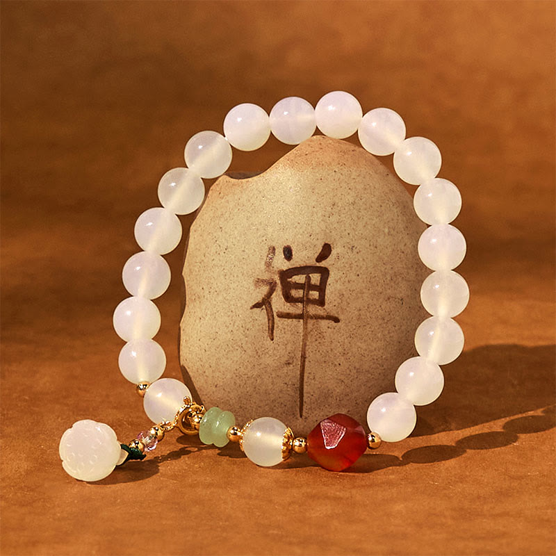 Buddha Stones Agata bianca Agata rossa Braccialetto portafortuna con baccello di loto
