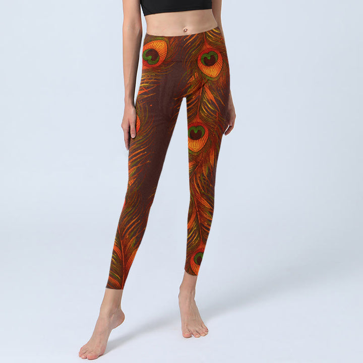 Leggings da palestra con stampa di piume di pavone marrone Buddha Stones da donna Pantaloni da yoga