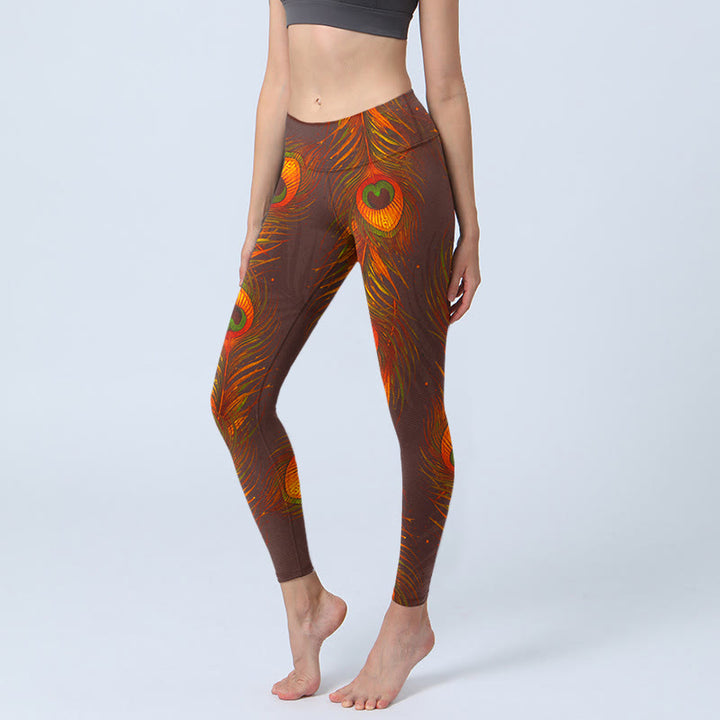 Leggings da palestra con stampa di piume di pavone marrone Buddha Stones da donna Pantaloni da yoga