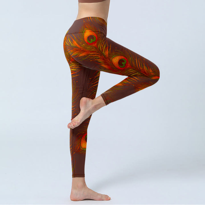 Leggings da palestra con stampa di piume di pavone marrone Buddha Stones da donna Pantaloni da yoga