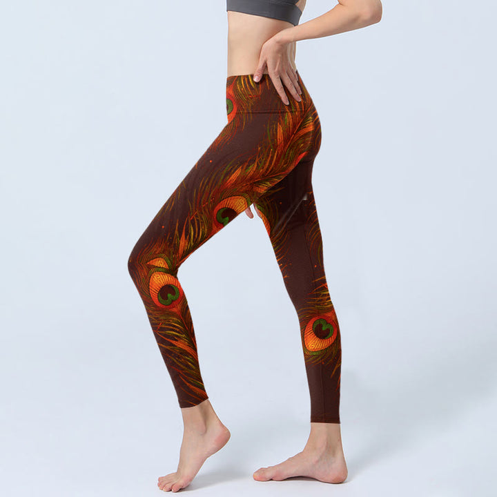 Leggings da palestra con stampa di piume di pavone marrone Buddha Stones da donna Pantaloni da yoga