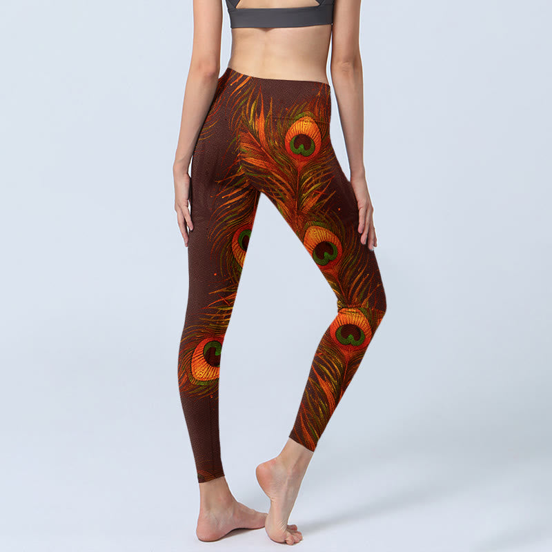 Leggings da palestra con stampa di piume di pavone marrone Buddha Stones da donna Pantaloni da yoga