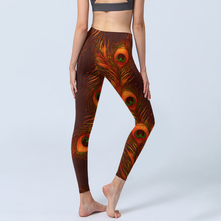 Leggings da palestra con stampa di piume di pavone marrone Buddha Stones da donna Pantaloni da yoga