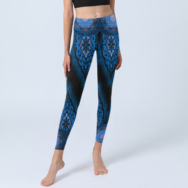 Leggings da palestra con stampa di Buddha Stones Blue Mandala Feathers Pantaloni da yoga da donna