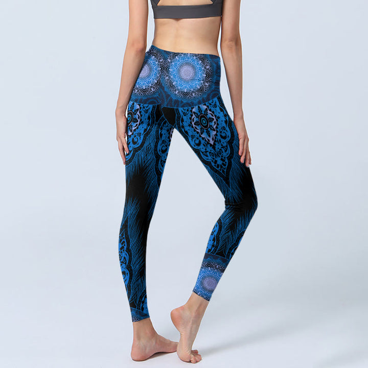 Leggings da palestra con stampa di Buddha Stones Blue Mandala Feathers Pantaloni da yoga da donna