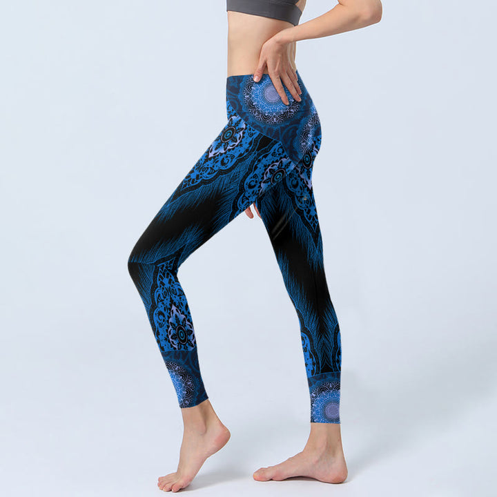 Leggings da palestra con stampa di Buddha Stones Blue Mandala Feathers Pantaloni da yoga da donna