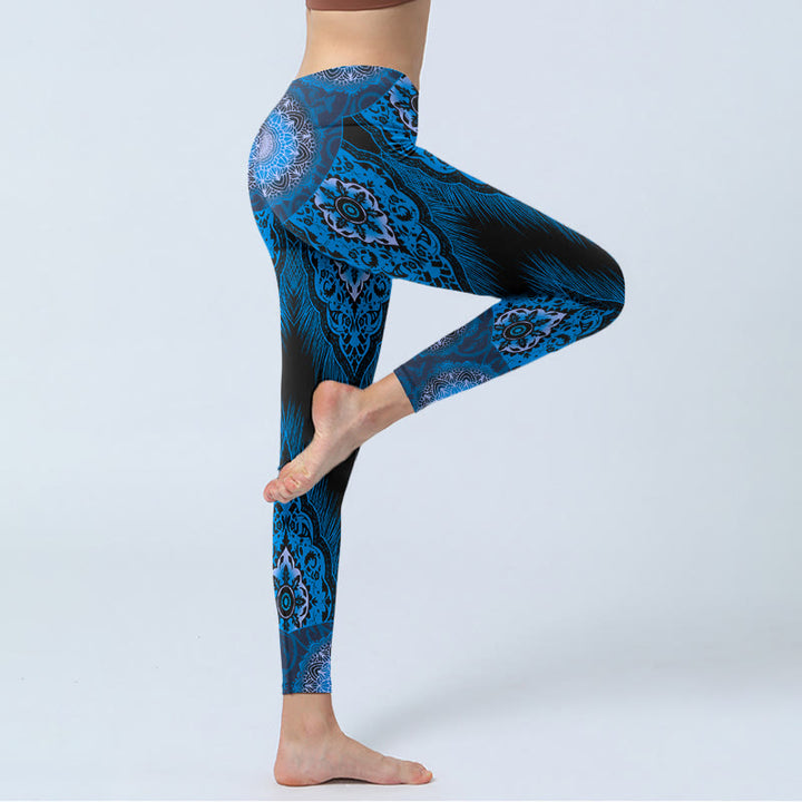 Leggings da palestra con stampa di Buddha Stones Blue Mandala Feathers Pantaloni da yoga da donna